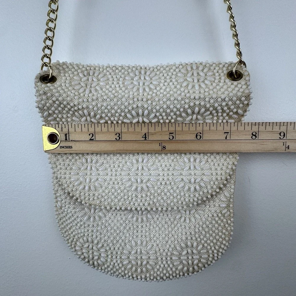 VTG‎ Beaded Purse Ivory Gold Shoulder Chain Evening Retro Elegant Formal 50s 60s